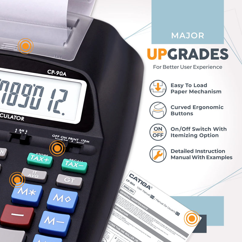 CATIGA Printing Calculator with Tape Print Out - 10 Key Adding Machine with Paper Roll, Desktop Electric Calculator for Accounting, Business, Finance, Home Office Use CP90A 1) Black Pro