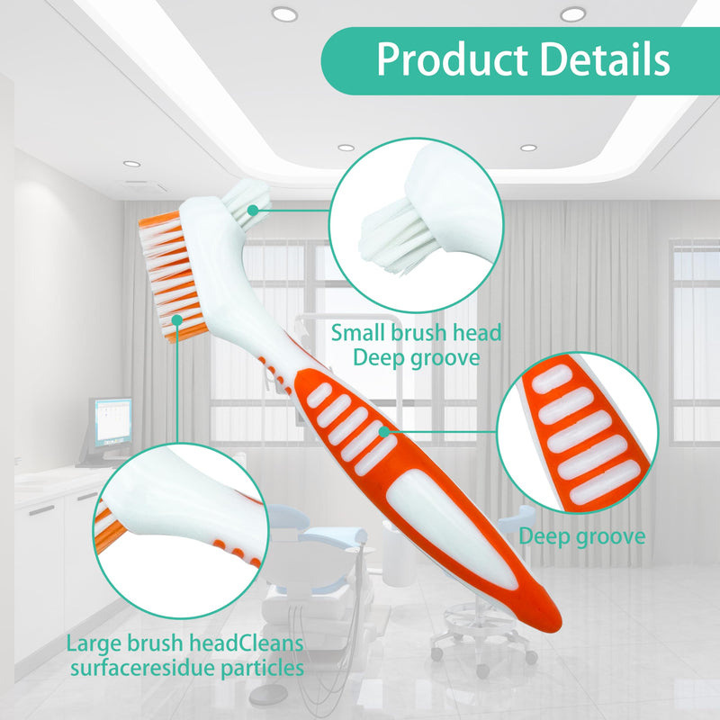 FloraVigo 2 Pack Denture Toothbrush, Mini Toothbrush, Double Angle Brush Head, Portable Ergonomic Denture Cleaning Brush, Dental Device (Green + Orange) Green + Orange