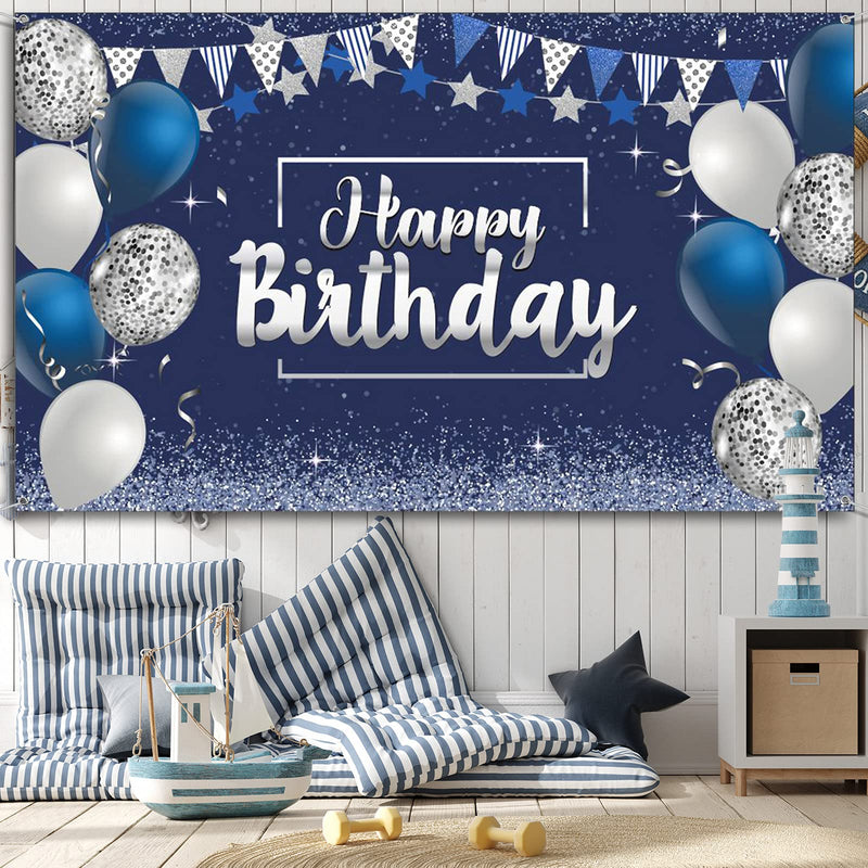 Happy Birthday Decorations Backdrop, Glitter Birthday Backdrop Sign, Happy Birthday Banner, Birthday Party Supplies Photo Background for Children Men Women, 72.8 x 43.3 Inch (Silver and Navy Blue) Silver and Navy Blue