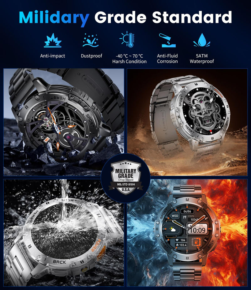 LIGE Military Smart Watch for Men with LED Flashlight, Bluetooth Call, 1.43" AMOLED Screen, 5ATM Waterproof Fitness Tracker, 530mAh Large Battery, 170+ Sport Modes, Compatible iOS Android, 3 Straps Black