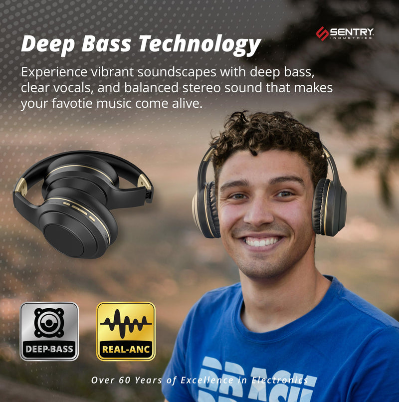 SENTRY OSH Over Ear Bluetooth Wireless Headphones, Active Noise Canceling -20dB Reduction, 22 Hour Battery Life, Control Buttons, Built in Microphone, USB C Charging and Carrying Case Included Black