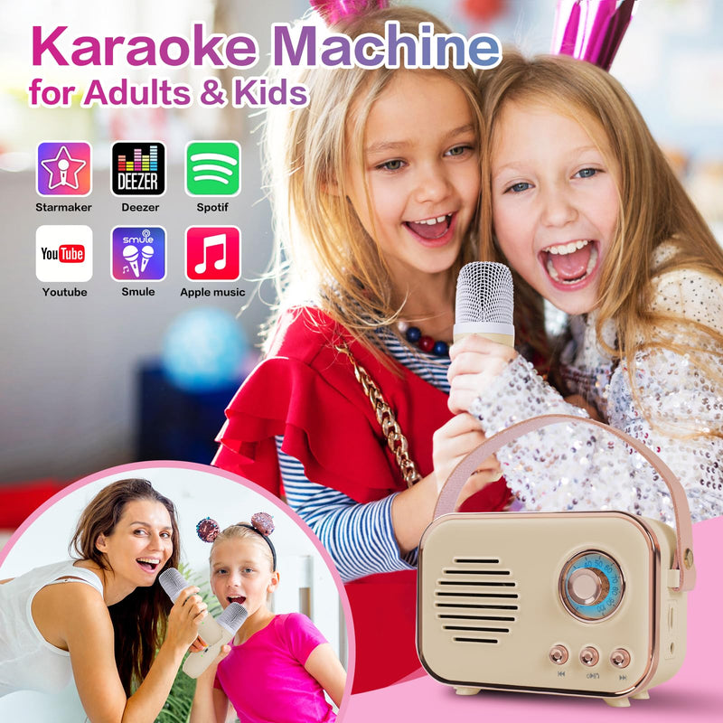 [AUSTRALIA] - Retro Karaoke Machine,Mini Karaoke Machine with 2 Wireless Microphones,Portable Small Karaoke Set Toys for Kids and Adults,Cool Tech Gifts for Birthday Home Party Ideas (Beige 2 Mic) Beige 2 Mic 