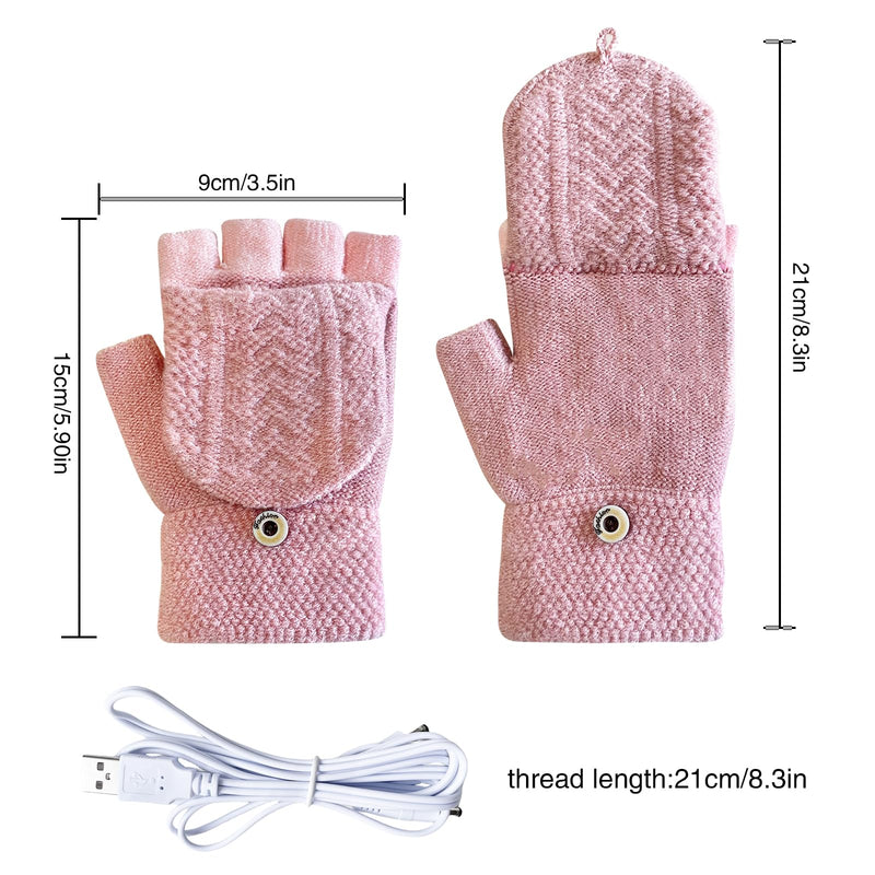 Women's & Men's USB Heated Gloves Mitten Full & Half Fingerless Winter Hands Warmer Laptop Gloves Pure Pink