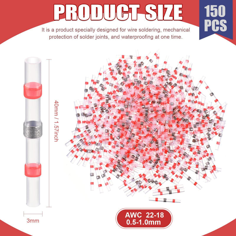 [AUSTRALIA] - Solder Connector with Heat Shrink Tube, Pack of 150 Solder Connectors, Red, AWG22-18 Cable Connectors, Waterproof Heat Shrink Tubing, Insulated Crimp Connectors, Butt Connector for Automotive, 150pcs Red AWG22-18 