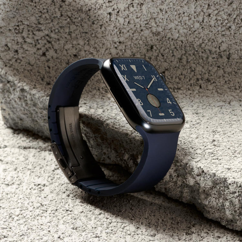 Archer Watch Straps - Custom Fit Silicone Straps for Apple Watch 44/45/46/49mm Midnight Blue, Gray Clasp
