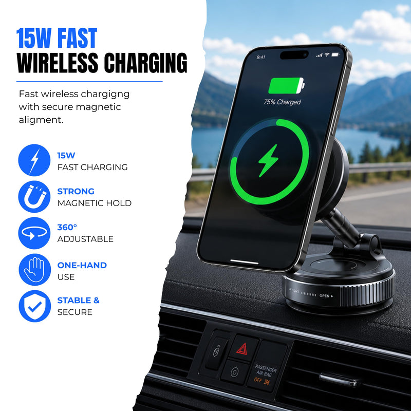 15W Magnetic Wireless Car Charger Mount with Vacuum Suction, MagSafe Car Phone Mount, 360° Adjustable Dashboard & Windshield Holder for iPhone & Samsung