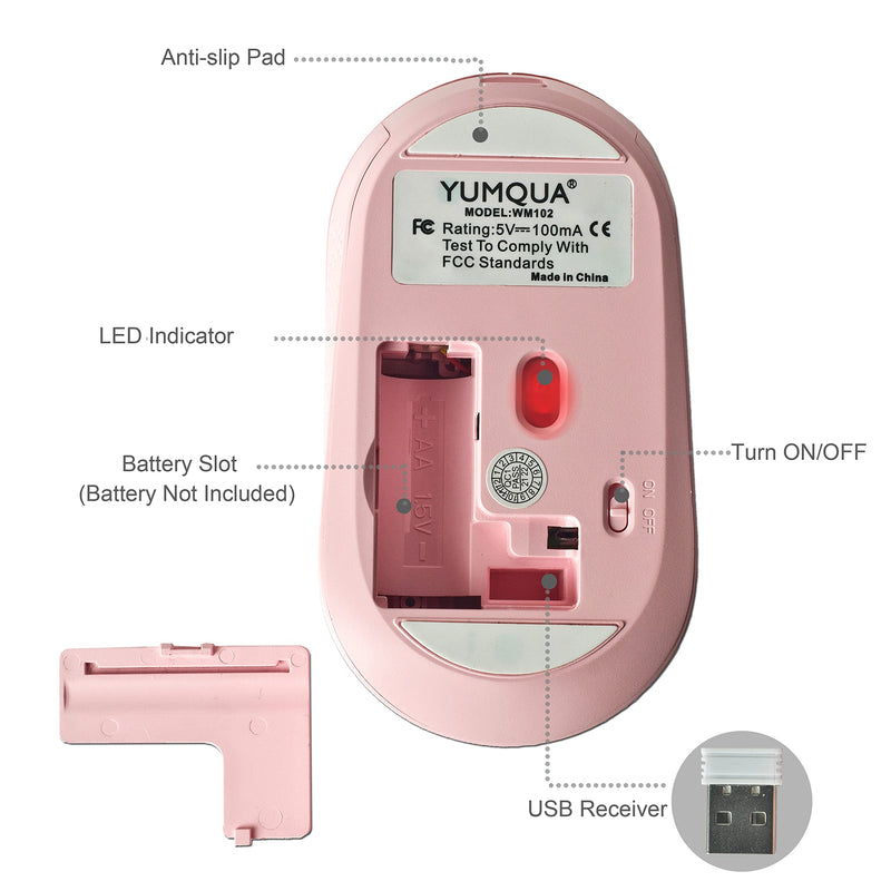 YUMQUA Wireless Mouse for Laptop, Slim 2.4G Optical Silent Computer Mouse with USB Receiver, 3 Levels DPI Cordless Mice for Chromebook PC Windows MacBook -Pink Pink