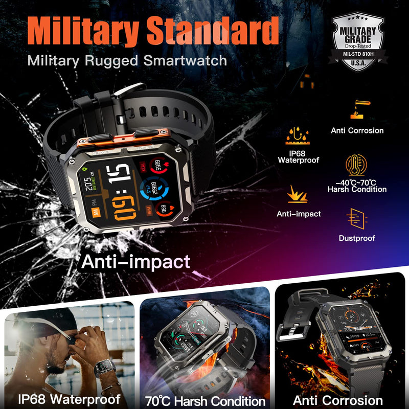 meoonley Military Rugged Smartwatch for Men,Sport Watch with Answer/Make Call IP68 1.83 inch Fitness Tracker Pedometer SpO2 for Outdoor Enthusiasts Black