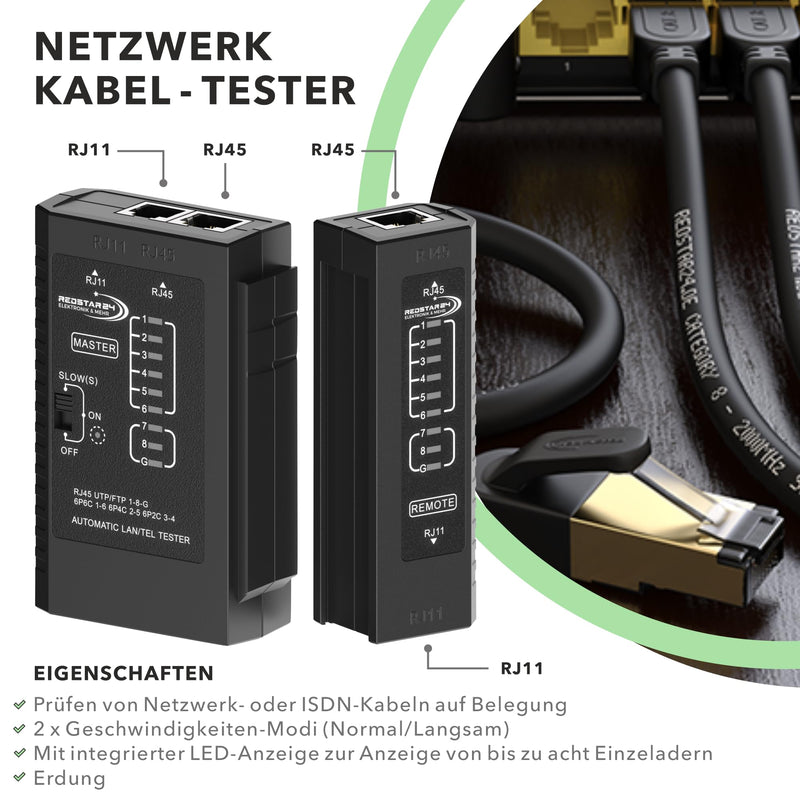 RedStar24 Network Tester - LAN Cable Tester with RJ11, RJ12, RJ45 for Patch Cable - Test LEDs for Precise Testing and Checking of LAN and Network Cable - Ideal for Patch Cable and Line Tests 1 pc.