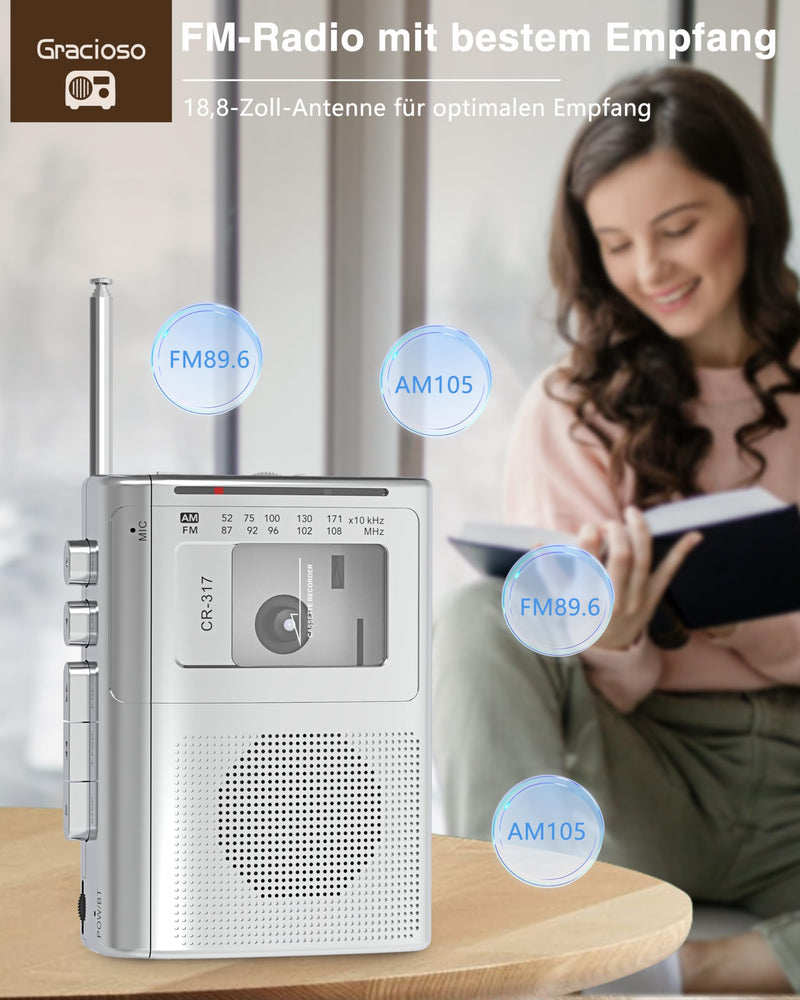 Gracioso Portable Cassette Player Recorder with Bluetooth Transmitter, AM FM Walkman Cassette Player with Headphone Jack & Big Speaker,Microphone Jack, 2*AA Battery Opearated Cassette Tape Player Silver