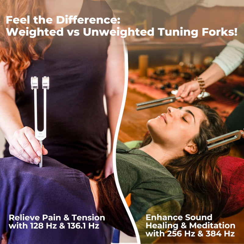 Tuning Forks for Healing Set (128Hz, 136.1Hz, 256Hz, 384Hz) - Weighted & Unweighted Tuning Forks with a Rubber Mallet - Chakra Sound Therapy Instruments with a Bag, Healing Gifts for Women & Men (10) 10