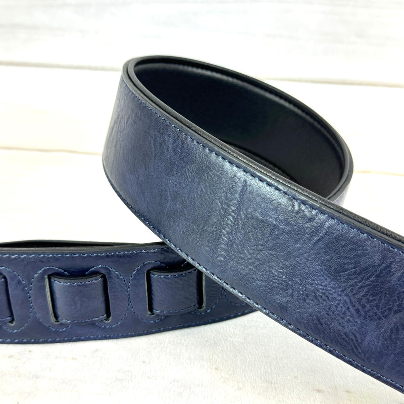 Walker & Williams G-52 Navy Blue Handmade Soft Natural Finish Guitar Strap with Padded Glove Leather Back, And Squared Nose For Acoustic, Electric, And Bass Guitars