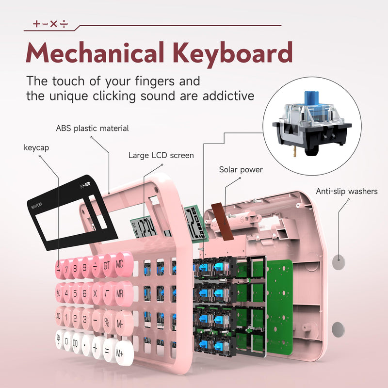 Desktop Calculator, 12 Digit HD Display with% Key | Real Mechanical Switch Keypad with Solar and Battery Dual Power, Great for Office, School, or Home Blush Pink