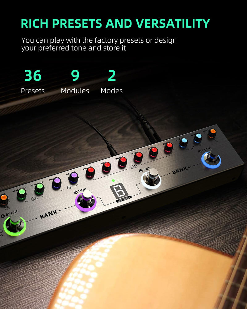 LEKATO Bass Multi Effects Pedal, Bass Effects Pedal with 36 Presets, Editable 4 Modules, Amp, Compressor, Mod, Space, Reverb, IR CAB, Tuner, BT Connection, Music Recording For Bass Guitar