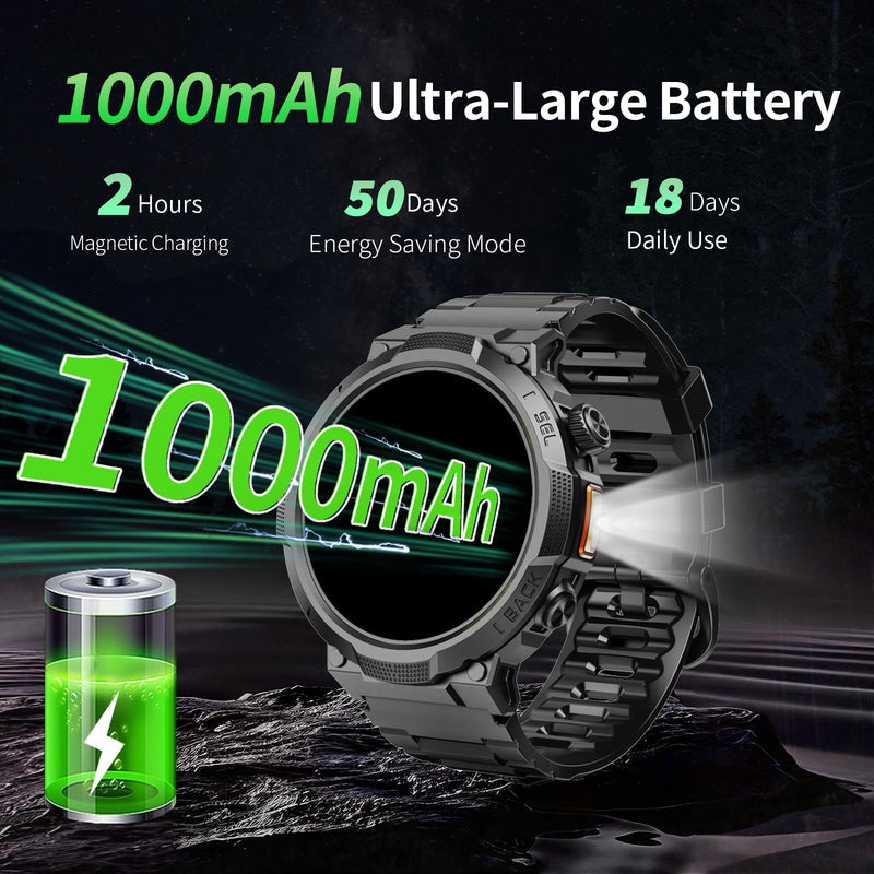 Smart Watches for Men (Answer/Make Call), 1.53" HD Military Smartwatch, 50+ Days Extra-Long Battery Life Fitness Tracker, Flashlight/110+Sports/Heart Rate/Sleep Monitor/IP68 Waterproof Android iOS