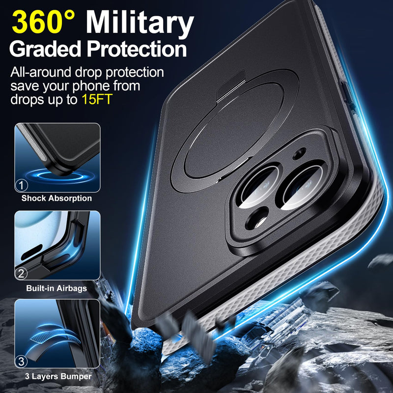 Hualele for iPhone 15 Waterproof Case Ultra Magnetic with Stand, Built-in Screen & Lens Protector [IP68 Underwater][Military Dropproof] [Compatible with MagSafe] Kickstand Case-Grey Black/Grey