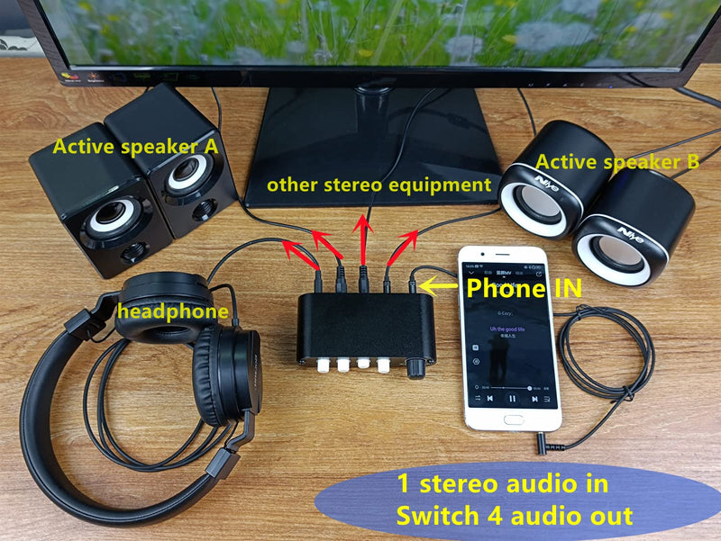 4-Way 3.5mm Stereo Audio Switch Input Signal Source Switcher Selector Splitter Box with line Volume Controller (4 in 1 Out / 1 in 4 Out) -MC41 4-port 3.5mm Switch with volume