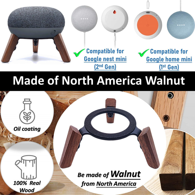 Real Wood Mount compatible for google home mini,nest mini speaker,Tripod Mount holder with Metal Frame,Anti-Slip Safe Stable wooden stand for home Mini on Desk (Walnut)
