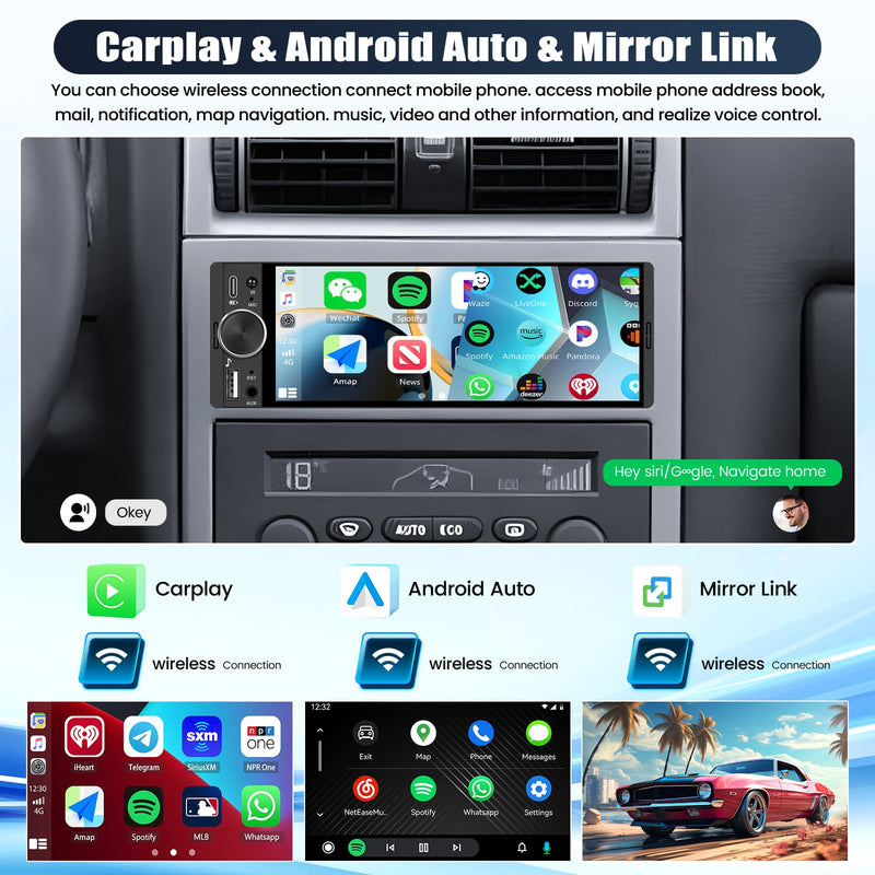 Single Din Car Stereo Radio with Wireless Carplay&Android Auto,6.28 Inch 1 Din Touchscreen Car Radio with Bluetooth FM Radio Mirror Link for iOS/Android USB/Type-C SWC Car Multimedia Player 6.28 Inch with Carplay