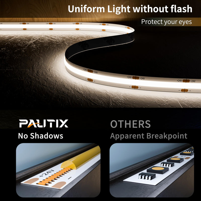 PAUTIX 24V LED Strip Light Cool White 5000K,20ft/6.1m COB LED Strip Light,Super Bright Flexible LED Tape Light for Kitchen,Stairs,Display Cabinet,Bedroom(Power Supply&Controller Not Included) 5000K-20ft/6.1m