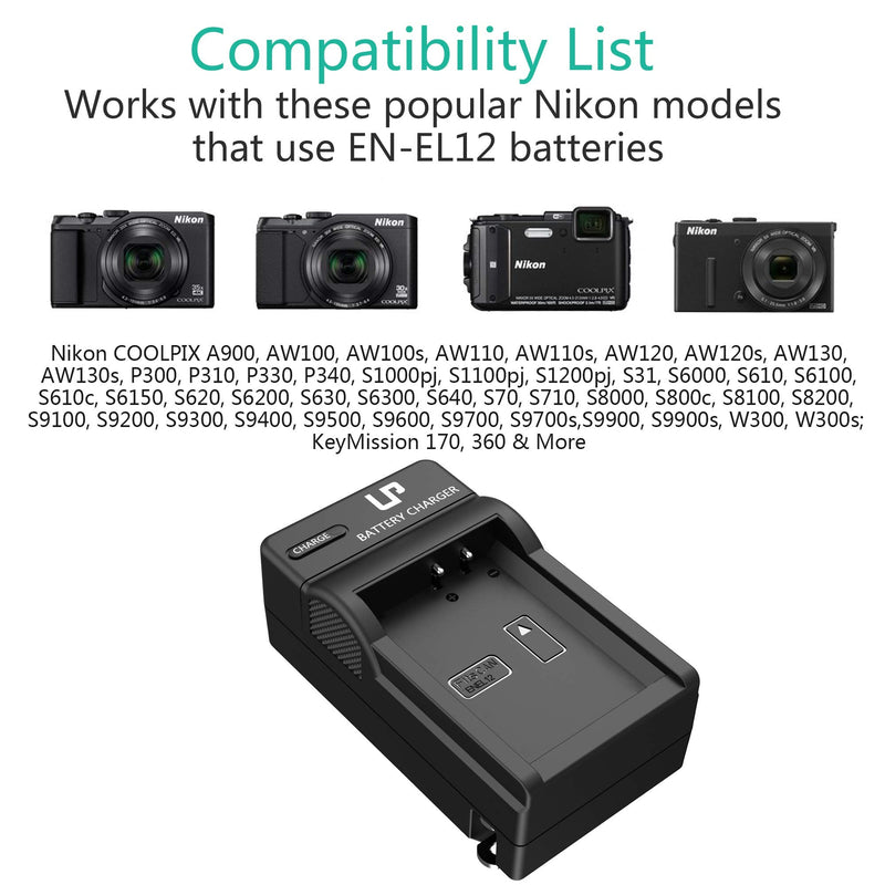 EN-EL12 Battery Charger, LP Charger Compatible with Nikon Coolpix A1000, B600, AW130, AW110, AW100, A900, W300, S1200pj, S9900, S9700, S9500, S9400, S9300, S9200, S8200, S6300, S6200, S6100, S800C 2 Batteries & Charger Pack