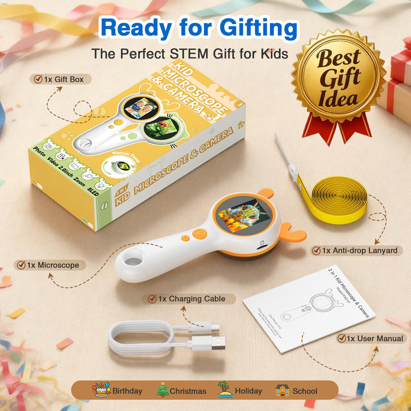 [AUSTRALIA] - Kids Microscope Orange Deer - Digital Handheld STEM Kit & 1080P Camera (600x Zoom) - Portable Science Toy for Outdoor Camping & Backyard Fun - Gift for Boys & Girls Age 5-12 