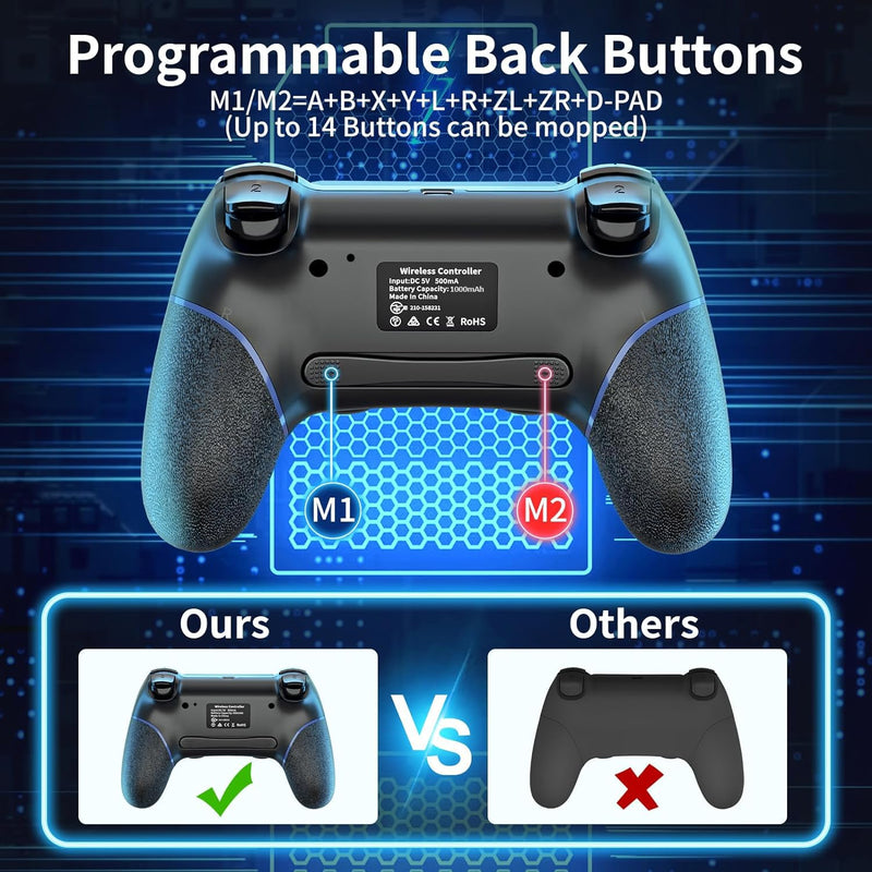 Wireless Controller for P4, Remote Control Compatible with Playstation 4/ Slim/ Pro/ PC, Gaming Controllers with Double Vibration /6-Axis Motion Sensor /Programmable Back Buttons【Upgraded Version】 Blue-Black