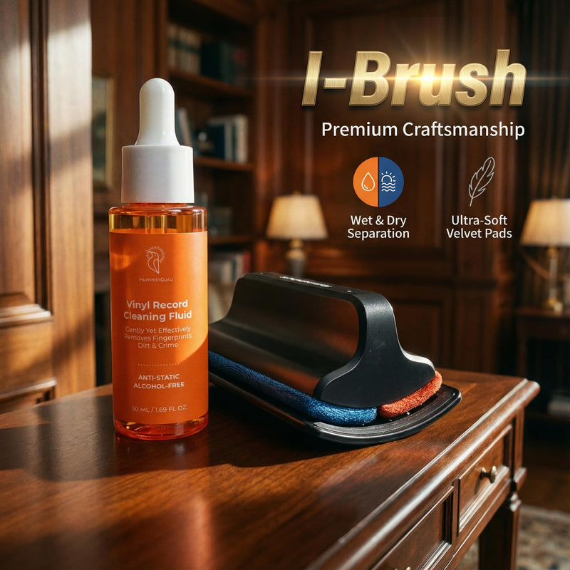 HumminGuru I-Brush Vinyl Record Cleaning Kit, Anti-Static Vinyl Record Cleaner Kit with Dual Velvet Pads Vinyl Record Brush + Alcohol-Free Record Cleaning Solution + LP Brush Holder (Orange: I-Brush) Orange: I-brush