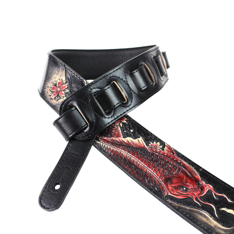 [AUSTRALIA] - Walker And Williams KB-24 Black & Ruby Red 2" Premium Carved Grain Leather Guitar Strap With Koi Fish Design For Acoustic, Electric, And Bass Guitars 