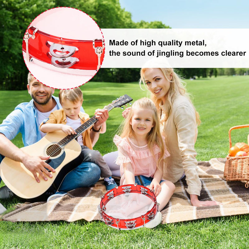 10 Inch Red Adjustable Tambourine, Musical Percussion Instrument Drum with Double Metal Jingles, Hand Held Tambourine for Adults, Church, Birthday, Party, Live Show