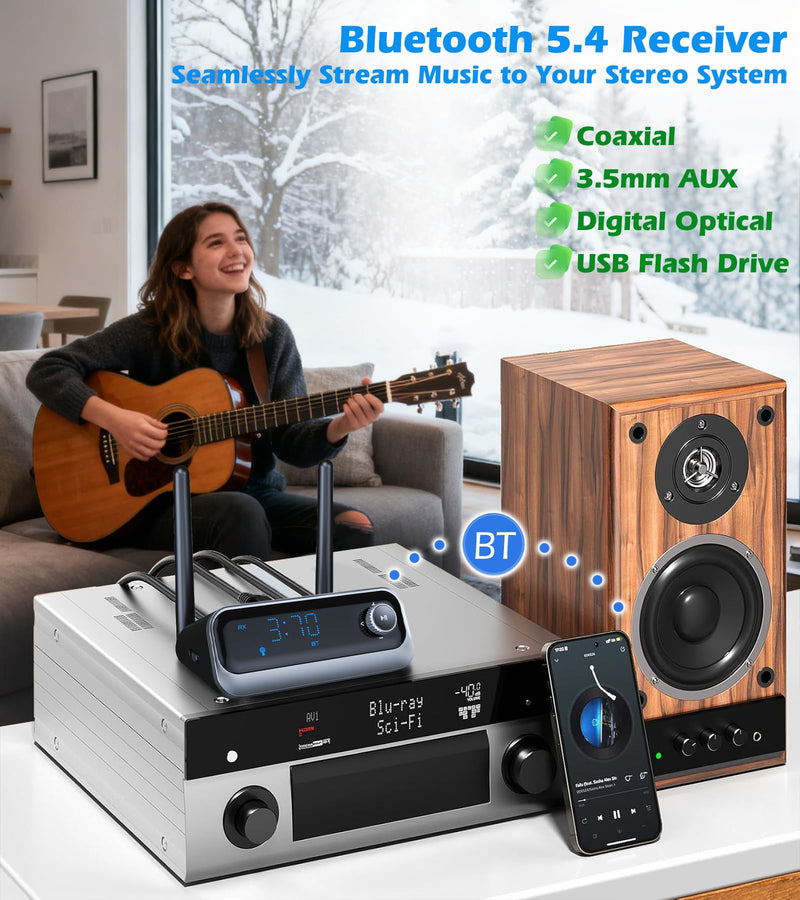 KAIY Bluetooth Receiver for Home Stereo, Low Latency Optical & Coaxial Bluetooth Audio Adapter with 3.5mm AUX, Wireless Music Adapter for Vintage Amplifier & Wired Speakers, USB Drive Playback