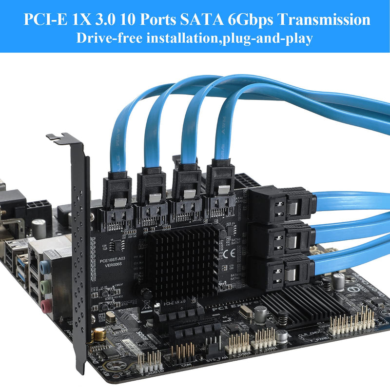 PCIE SATA 10Ports Card, PCI-E to SATA3.0 6Gbps, SATA Controller, PCI Express Expansion Card with 10 SATA Cable, Compatible with WIN8/WIN10/Ubuntu
