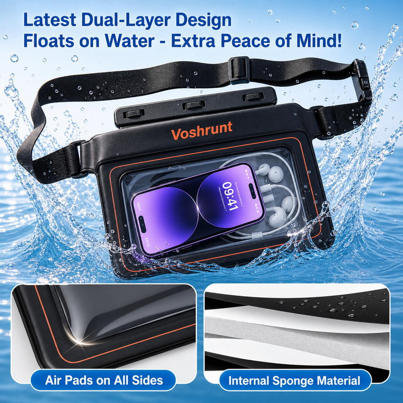 Waterproof Fanny Pack, Phone Pouch Dry Bag for Passport, cell Phone & Wallet, Floating Waterproof Phone Case for Beach, Swimming, Kayaking, Boating, IPX8 Certified Waist Bag, Large Capacity Black