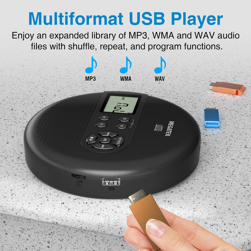 MEGATEK Portable CD Player with Dual Stereo Speakers and 60 Seconds Anti Skip, Personal Walkman CD Player for Car with headphones, USB Port, Bluetooth and FM Transmitter, 2000mAh Rechargeable Battery