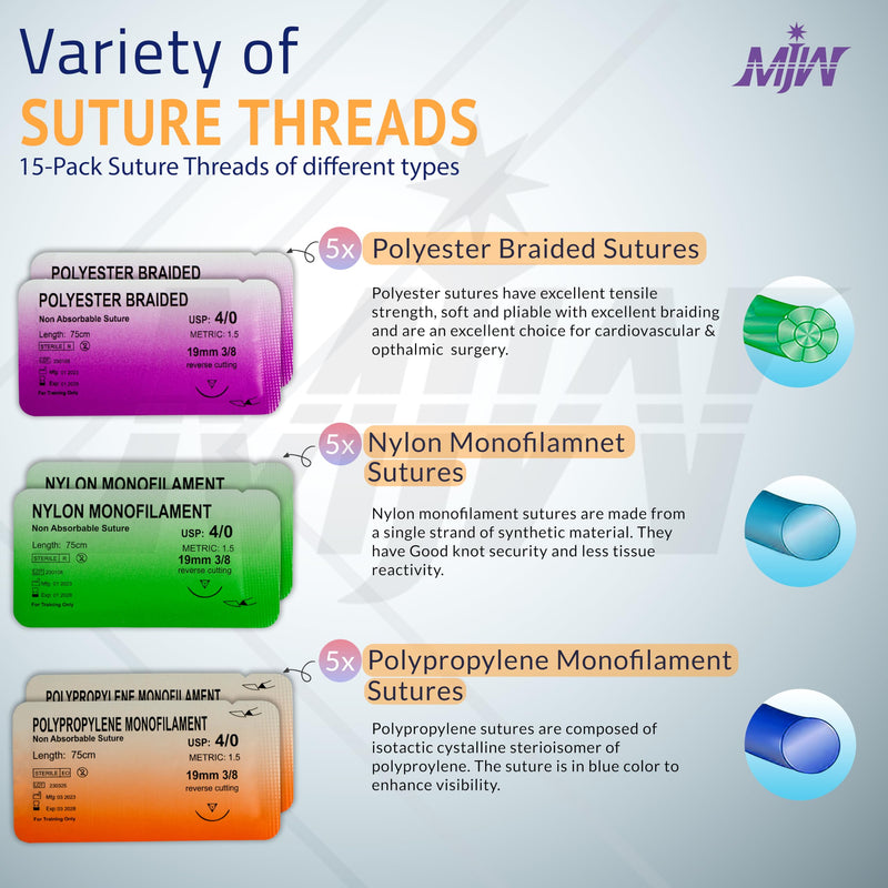 MJW Suture Threads - Pack of 15, Ideal Suture Practice Thread for Medical and Veterinary Medicine Students, Suture Practice - 4/0 Braided and Monofilament Practice Seams
