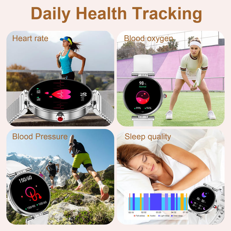 Smart Watch for Women, 1.19" AMOLED Touchscreen Fitness Watch（Calls/Notifications）3 Straps, 24H Heart Rate/Sleep Monitor/Female Cycle, 120+ Sports Modes, IP68 Waterproof Smartwatch for Android iPhone Silver