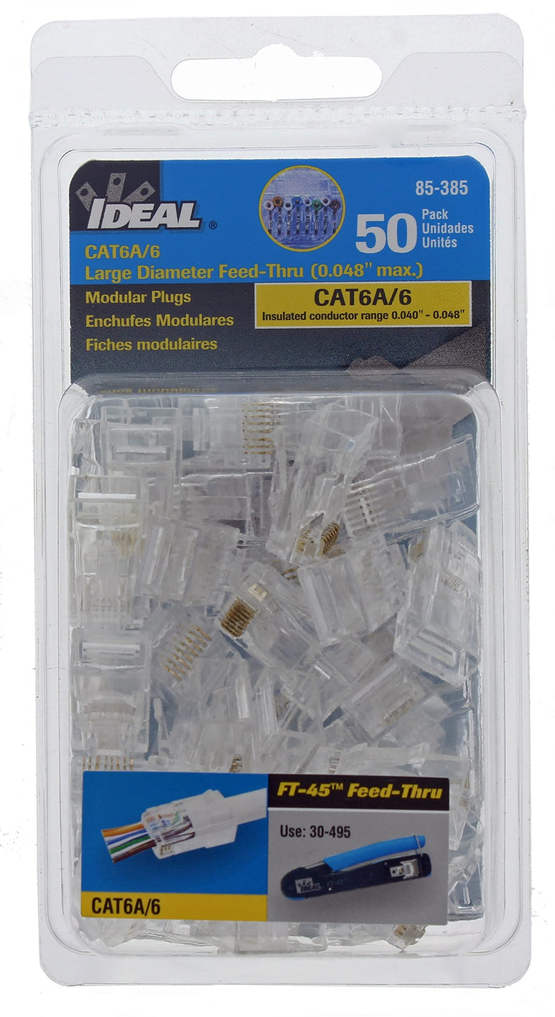 Ideal Electrical 85-385 Unshielded Feed-Thru Modular Plug, Cable Connector for CAT6A/6 Unshielded Cables, 50 Connectors 50 Pack