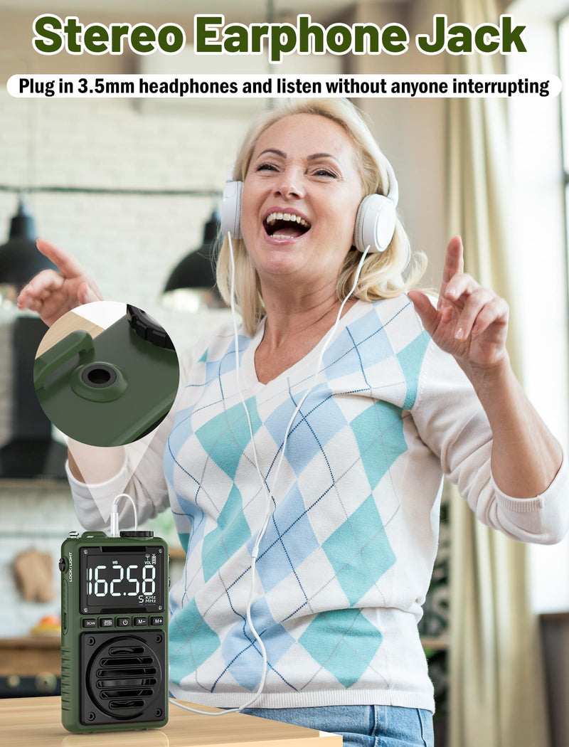 Digital AM FM Weather Band Radio with Flashlight,850mAh Rechargeable Portable Pocket Radio with Best Reception,LCD Screen, Back Clip,Stereo Earphone Jack, SOS Alarm,Sleep Timer for Jogging,Walking Green