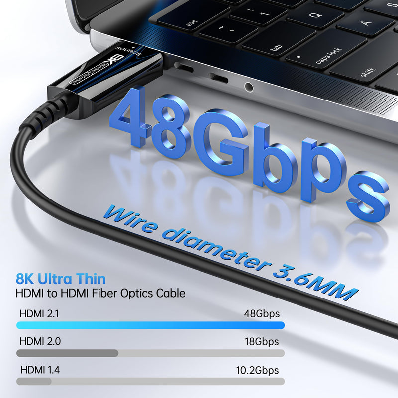 Fiber Optic HDMI Cable 100 FT, 8K@60Hz 4K@240Hz, Thin Extra Long HDMI Cable 48Gbps Ultra High Speed, Dynamic HDR, eARC, HDCP 2.2&2.3, 3D, Compatible for PS4/5/Xbox/TV/Laptop/Monitor