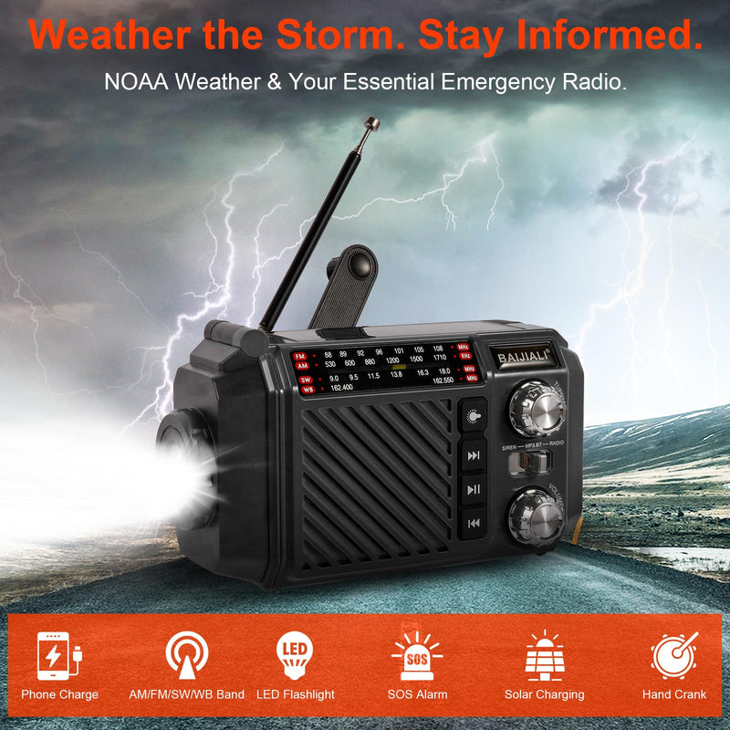 [AUSTRALIA] - Hand Crank Emergency Weather Radio with 2600mAh/9620mWh Power Bank, NOAA AM FM Shortwave Portable Radio, Solar & USB-C Charging, Flashlight, SOS Alarm for Emergency Kits (Black) Black 