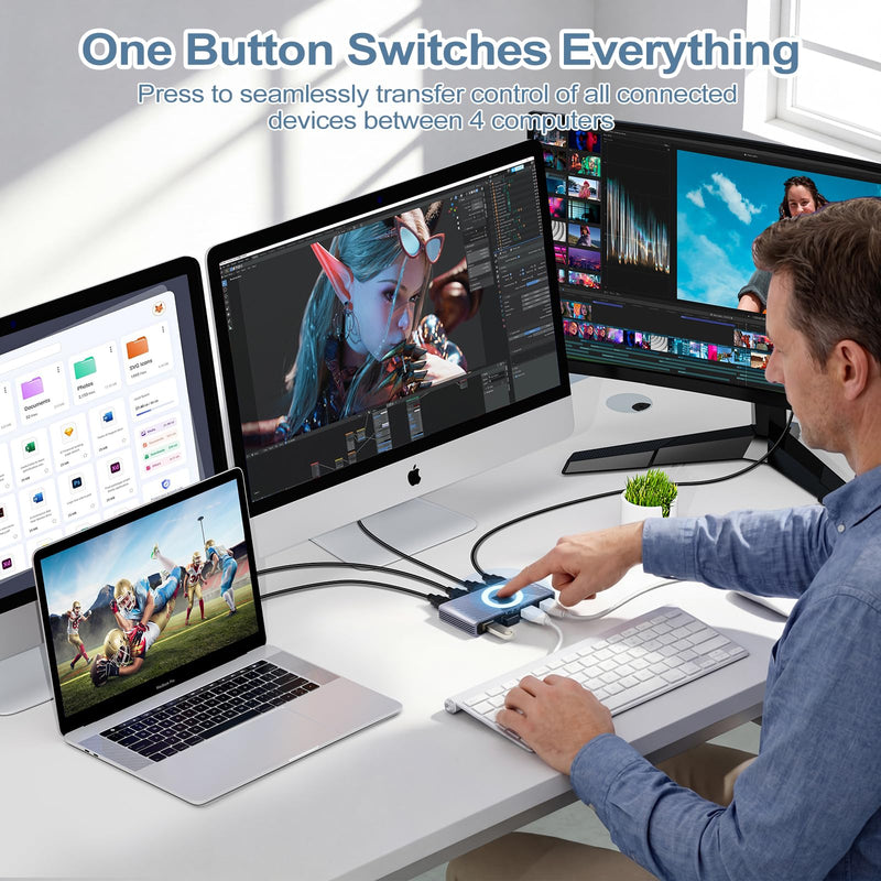 [AUSTRALIA] - USB 3.0 Switch, 4 Computers Sharing 4 USB Devices, One-Button Switcher for Keyboard Mouse Printer Scanner, USB Peripheral Sharing Hub for PC Laptop with 2 USB 3.0 Cables, Aluminum Alloy Case For 4 PCs 