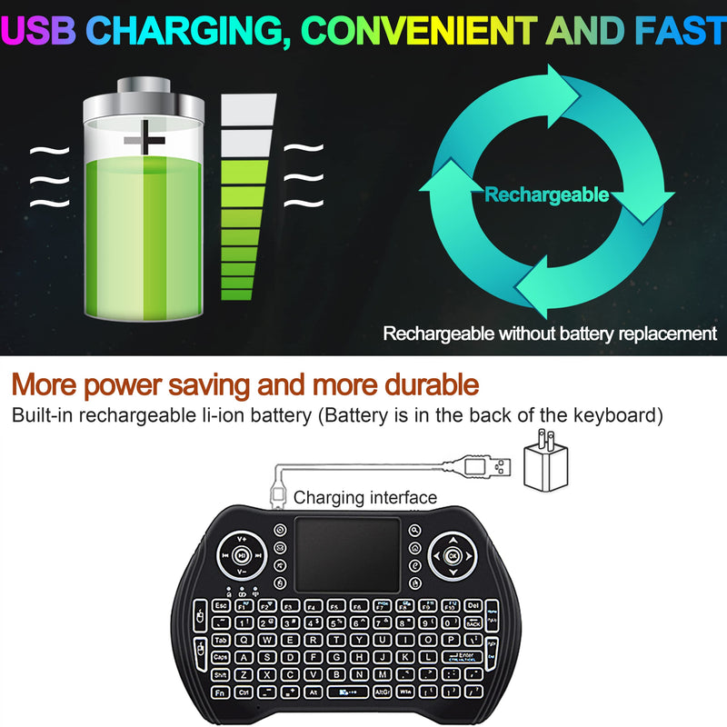 Backlit Mini Wireless Keyboard with Touchpad Mouse Combo with Rechargable Li-ion Battery & Multi-Media Handheld Keyboard for Google Android TV Box Smart TV X-Box PC HTPC PS3 PAD Windows Linux MacOS