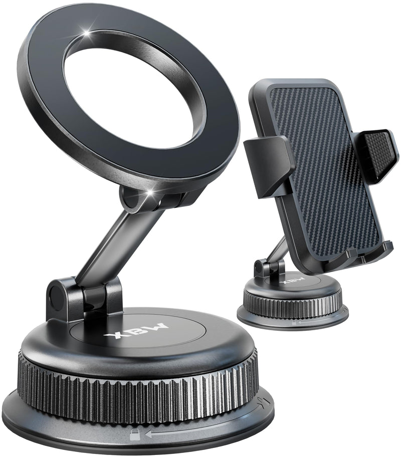 Car Phone Mount with Magnetic Clip for Magsafe & Android Cell Phone | 90lbs Suction Cup| Snap for iPhone Clip for Samsung| Thick Case swap freely| No Ring Adapter Needed| Dashboard Windshield Black