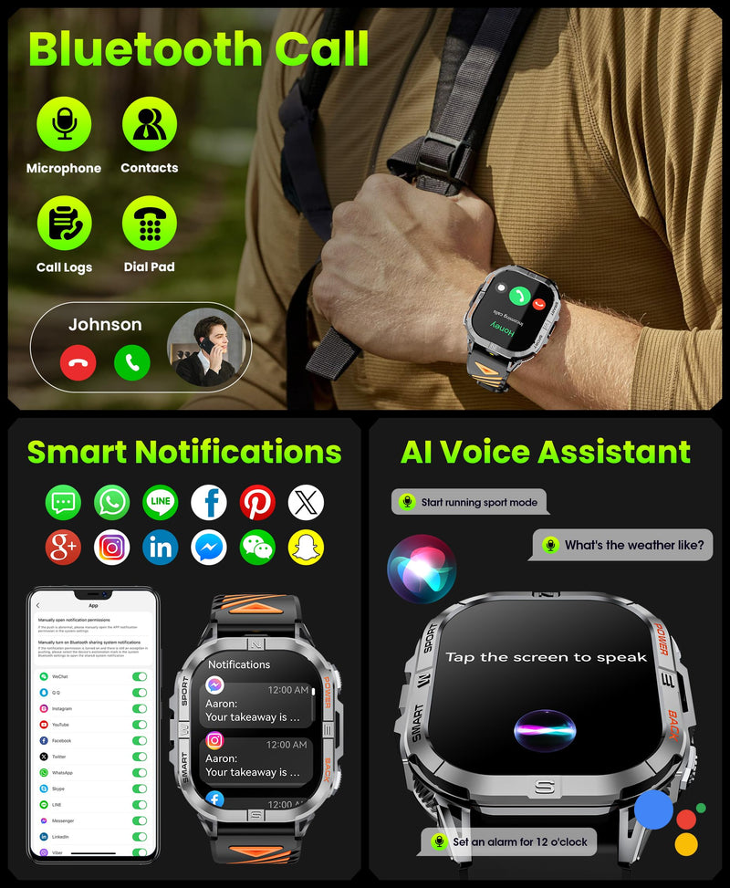 Joautrial Military Smart Watch for Men Built-in GPS with LED Flashlight Compass, 2.13" AMOLED Tactical Smart Watches with Answer/Make Calls, 3ATM Waterproof Fitness Tracker for iPhone Android (Black) Black