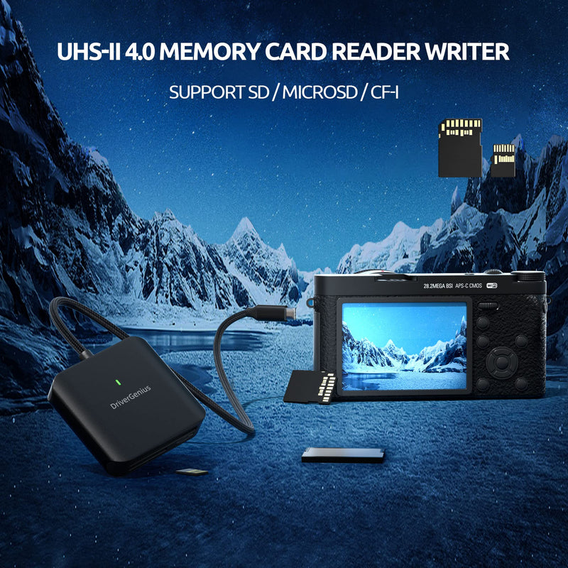 DriverGenius HB080 | 3-in-1 Compact Flash (CF-I) Card Reader USB-C UHS-II SD/MicroSD Card Reader for DSLR Camera - Metal, Win & Mac