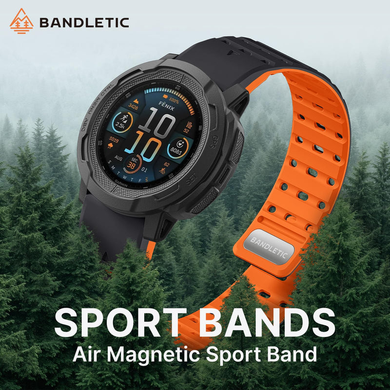 Bandletic Magnetic Band Compatible with Garmin Watch Quick Fit 22mm | 17 N52 Magnets + Snap Button, Stays on Arm During Sports, For Instinct E/3 45mm/2/Fenix E/8 47mm/7/6/5/Forerunner 970/965/955 Black/Orange
