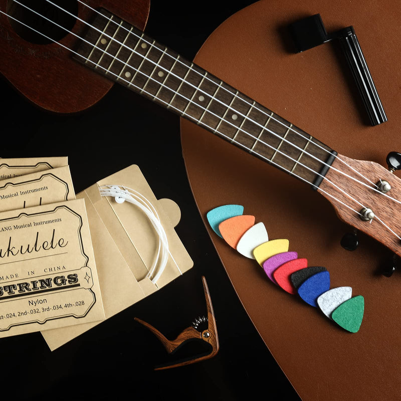 Nylon Ukulele Strings Kit,Include 5 Sets Strings,10 Pieces Ukelele felt picks,Capo and String Winder for Soprano Concert and Tenor Ukele