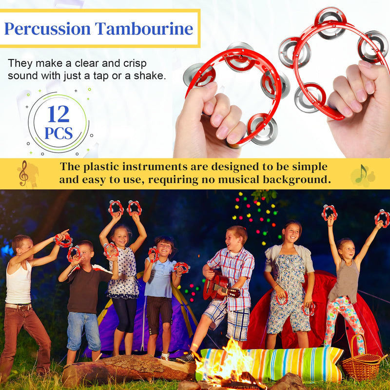 12 Pcs Plastic Percussion Tambourine with 4 Bells Rhythm Musical Instruments for Adults Hand Tambourine Hand Held Percussion Drum for Party Kindergarten Family School Supplies (Red) Red
