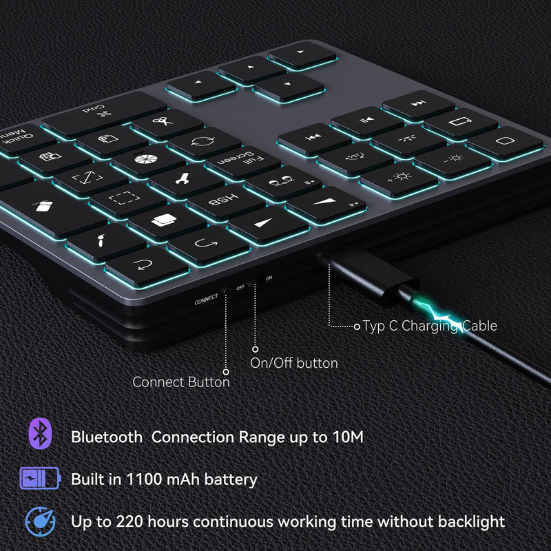 Doohoeek Backlit Buetooth Keypad for iPad Procreate, Rechargeable Keyboard for Procreate and Drawing Shortcuts for iPad and Graphic Tablets, Gray