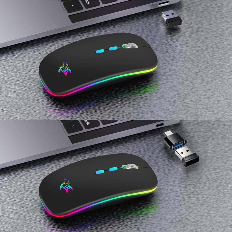 [AUSTRALIA] - HOTLIFE LED Wireless Mouse, Slim Rechargeable Silent Portable USB Optical 2.4G Wireless Bluetooth Two Mode Computer Mice with USB Receiver and Type C Adapter (Black) Black 